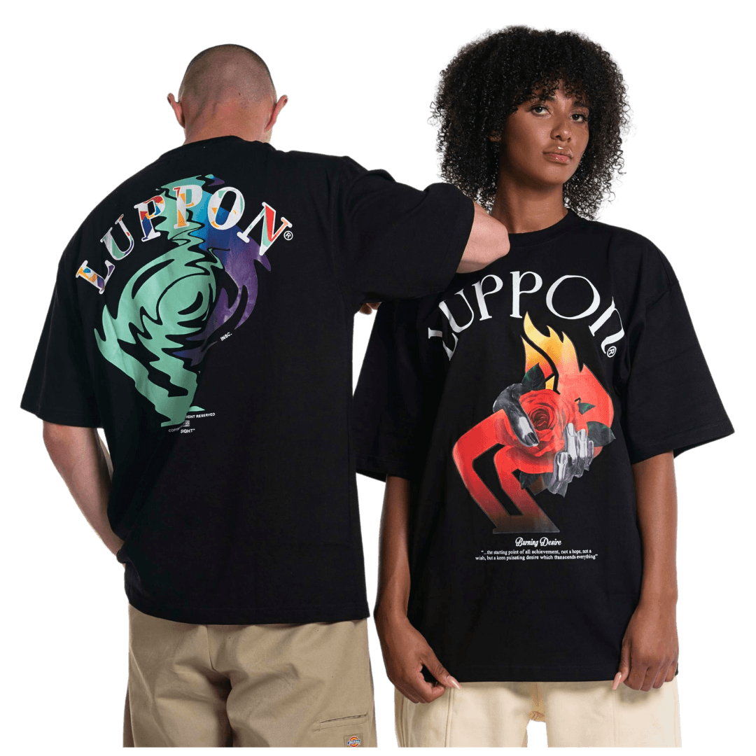 Two models wearing oversized black Cobra Wear tees